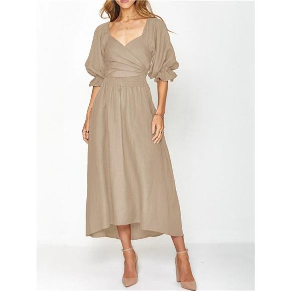 Smocked Puff Sleeves Midi Dress